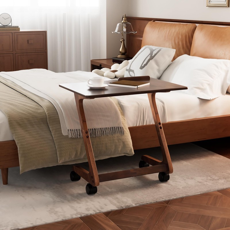 FLYJOE TV Tray Table with Casters, Solid Rubberwood End Tables,