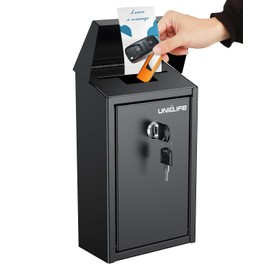 Uniclife Black Metal Donation Box Wall Mounted Mailbox with Top Slot, Collection Box with Key Lock, Safe Suggestion Box, Key Drop Box for Outside, Steel Cash Drop Box for Home Office and Business
