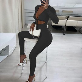 Azhong Women's Sexy Cut Out Bodycon Jumpsuit Lace Up Front V Neck One Piece Outfit Long Sleeve Rompers