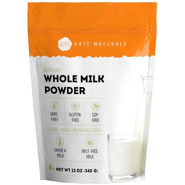 Whole Dry Milk Powder - Kate Naturals. Made In USA. Dried Powered Milk for Baking. RBST-Free. Great Substitute For Liquid Milk. Large Resealable Bag.1-Year Guarantee. (12oz)