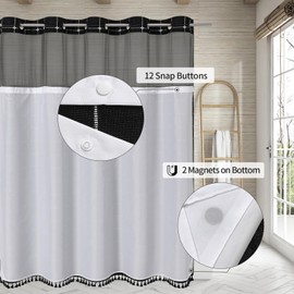 No Hooks Required Farmhouse Shower Curtain with Snap-in Liner - with Window & Magnets, Boho Cotton Linen Fabric Shower Curtains with Tassels for Rustic Bathroom Decor, Black and White, 72 x 74