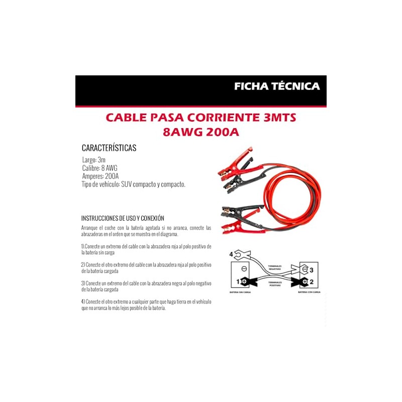 Dogotuls MC8053 Cable Pasa Corriente de 3 Metros 8AWG 200A