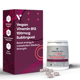 Vegetology Vitamin B12 Sublingual, 100mcg, Fast Acting Tablets, Cruelty Free, Fermented Source, Vegan Friendly, Boosts Energy and Supports Brain Function, 60 Day Supply