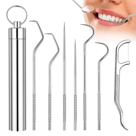 7 Pcs Stainless Steel Toothpick Set, Mabor Metal Toothpick Set Reusable Portable Pocket Made of Stainless Steel Metal Toothpicks Cleaning Kit with Holder for Outdoor Camping Traveling