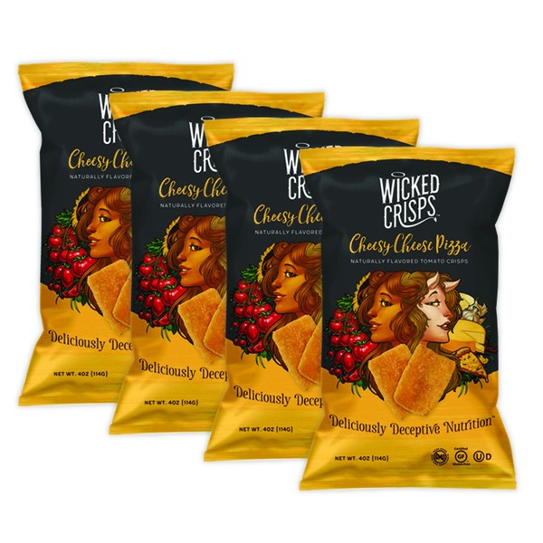 Baked Veggie Chips, Wicked Crisps - Cheesy Cheese Pizza, Healthy Snack, Gourmet Crunchy Tomato Crisps, No Additives or Preservatives, Gluten-Free, Low-Fat, Non-GMO, Kosher, 4oz party-size bag (4 pack)