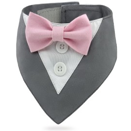KOOLMOX Dog Tuxedo Pink Bow, Dog Tuxedo Bow Tie Collar, Dog Bow Tuxedo, Dog Tuxedo Red Bow Tie, Dog Tuxedo Bandana, Adjustable Dog Outfit for Medium Large Dogs (L, Gray Bandana with Pink Bowtie)