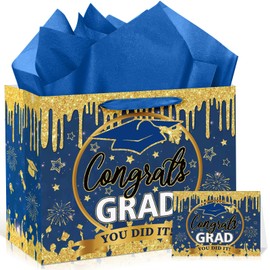 Blue Gold Graduation Gift Bag with Tissue Paper and Greeting Cards Blue Gold Congrats Grad Gift Wrapping Paper Bag Graduation Class of 2025 Gift Party Favor Bags for College High School Graduates