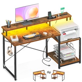 AODK Computer Desk, 48 Inch Gaming Desk with Led Lights & Power Outlet, Office Desk with Printer Storage Shelves, Reversible Desk with Monitor Shelf & Headphone Hook, Rustic Brown