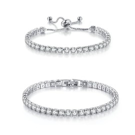 HinDaLi 2 Piece Tennis Bracelet Silver Diamond Bracelet Women's Bracelet Zirconia Silver Glitter Bracelet Silver Women's Tennis Bracelets for Women Girls Crystal Bracelet Women's Silver Bracelets Set,
