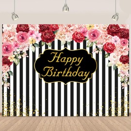 Floral Happy Birthday Backdrop Banner for Women Black White Striped Happy Birthday Banner Party Decorations 7x5Ft