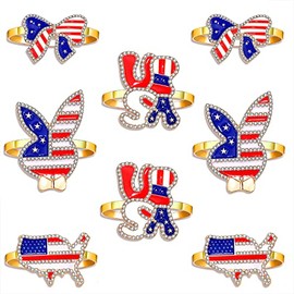 8PCS 4th of July Patriotic Napkin Rings Rhinestone American Flag Napkin Holder Rings Dainty Enamel Heart Star Napkin Rings Bulk USA Independence Day Party Dinner Table Decor Accessory (8PCS)