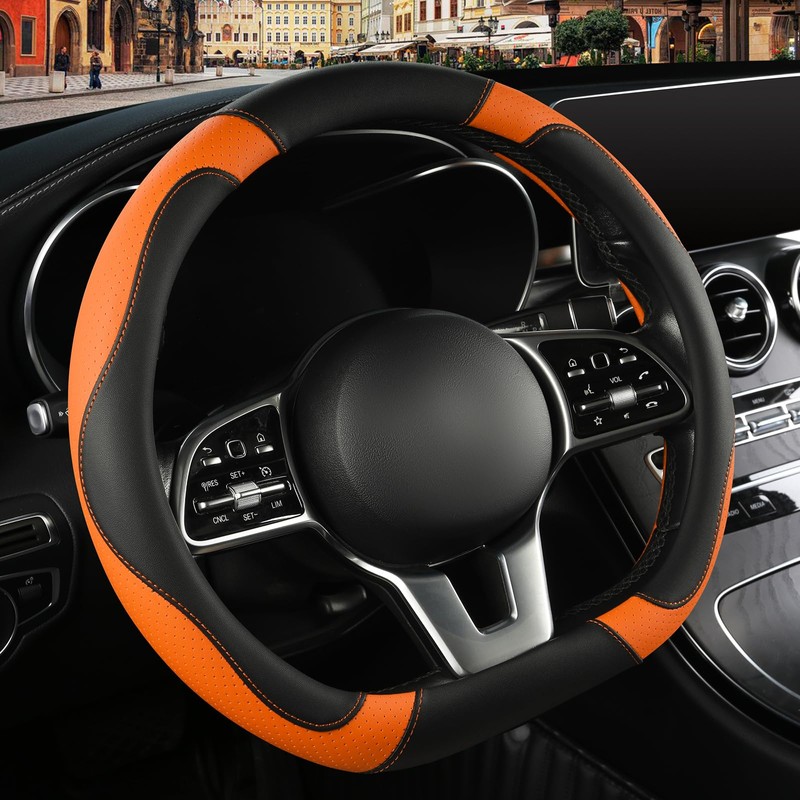 Binsheo Microfiber Leather D Shaped Steering Wheel Cover, Breathable, Anti