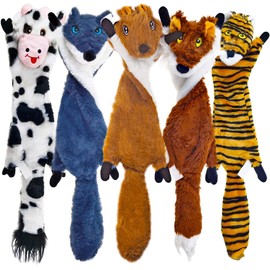 Wolfi Set de 5 Juguetes Que suenan para Perro, Juguetes para morder, con Sonido y sin Relleno, Juguetes chirriantes (Vaca, Tigre, Zorro, Lobo, Ardilla)
