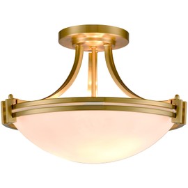 SAMTEEN Modern Brass Semi Flush Mount Ceiling Light 3-Light Mid Century Gold Flush Mount Light Milk Glass Ceiling Light Fixtures for Hallway Bedroom Foyer Kitchen