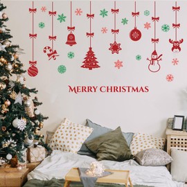 Merry Christmas Wall Decals Red Xmas Tree Snowflake Wall Stickers Removable Peel and Stick Art Murals for Bedroom Nursery Classroom Kids Room Christmas Party Decoration (Red)
