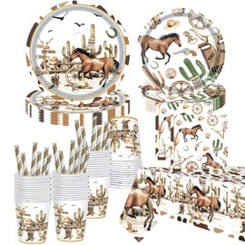 Western Cowboy Party Supplies, 9in 7in Cowboy Party Plates Napkins Cups Straws Tablecloth Cowboy Birthday Party Tableware for 10 Guests Cowboy Party Decoration