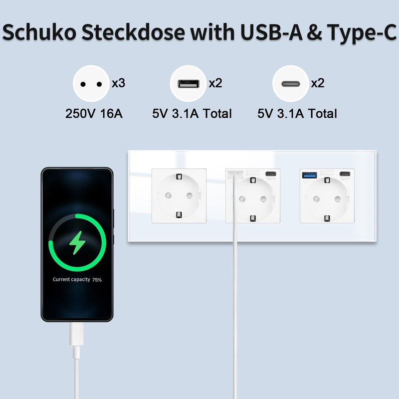 JIMEIDA 3 Socket with USB 20 W White Flush-Mounted, 16