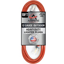 10 ft - 12 Gauge Extension Cord Outdoor - Made in USA - Lighted on Both Ends - Red Outdoor Extension Cord Waterproof by Anthem Cable - Heavy Duty Extension Cord 10 ft 15 Amp Extension Cord