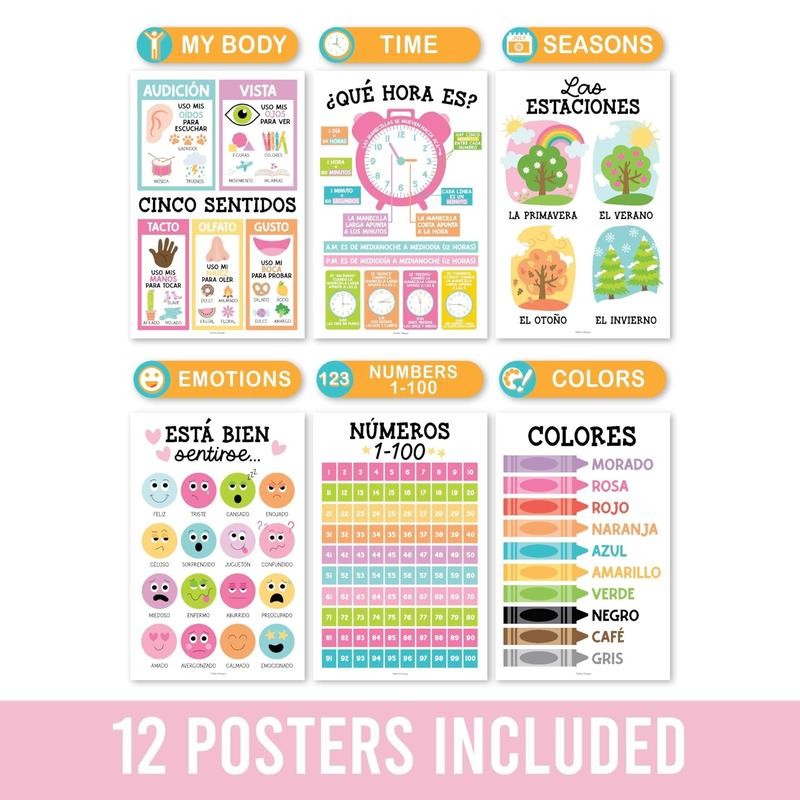 Colorful Pastel Spanish Posters | Set of 12 | Spanish
