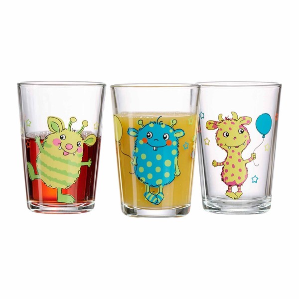 Ritzenhoff & Breker Children's Glasses, Set of 3, 205 ml, Printed Children's Cups with Monster Motif, Small Drinking Glasses for Children, Dishwasher Safe
