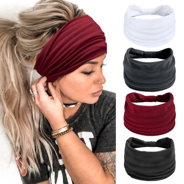 Pack of 4 Headbands, Women's Wide Hair Band, Headband for Girls, Boho Knot Elastic Running Yoga Head Wrap Hair Bands, Elastic Hair Accessories