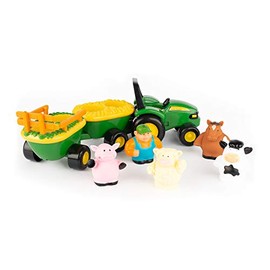 TOMY John Deere Animal Sounds Hayride Juguete Musical de Tractor - Juguetes Musicales de Paseo en Carro de Heno para Niños Pequeños - Incluye Figura de Granjero, Tractor y 4 Animales de Granja