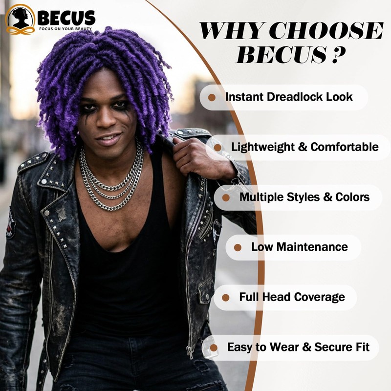 Mens Purple Dreadlock Wig 12" Short Locs Wig for Cosplay