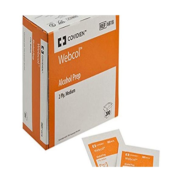 COVIDIEN 6818pk6 6818 Webcol Alcohol Prep, Sterile, Medium, 2-Ply, 4.3" Height, 2.1" Wide, 4" Length, Pad, 6 Packs of 200 (Pack of 1200)