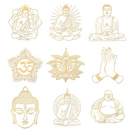 OLYCRAFT 9Pcs Buddha Theme Stickers Spiritual Gold Sticker Self Adhesive Gold Metal Stickers Buddhist Lotus Metal Sticker Decor Decals for Scrapbooks DIY Crafts Phone Decoration - 1.6x1.6 Inch