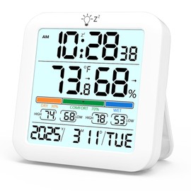 Digital Indoor Thermometer Hygrometer Clock, Room Temperature Humidity Monitor with Calibration, Backlight, Air Comfort Indicator, 24H Max Min Record, Time, Alarm for Home, School