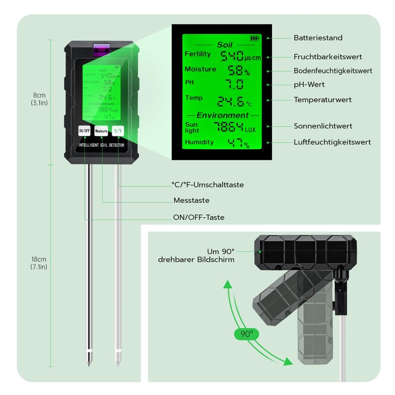 Wigearss 6-in-1 Soil Meter pH Moisture Temperature Light Soil Tester