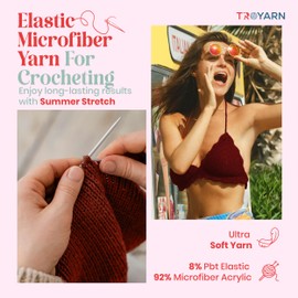Troyarn 1 carrete de hilo acrílico elástico de verano para crochet, 1 carrete en 100% microfibra acrílica elástica, para tejer a mano, 100 g 407 m (11457, rojo púrpura)
