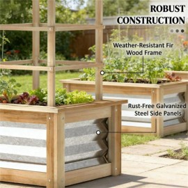 Elevated Wooden Garden Bed with Grid Frame Natural Wood Flowerpot Box for Planting Fencing Trellis & Gates Productcolor: Natural Wood Color