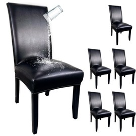 Pu Leather Dining Chair Covers set of 6, Waterproof Kitchen Chair Covers for Protecting Chairs from Stain/Scratch, Soft & Elastic Parsons Chair Slipcover Well-Fitted for Dinning Room(Black, 6Pcs)