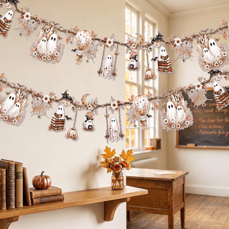 2Pcs Halloween Ghost Garland Double-Sided Autumn Hanging Decorations with Ghost