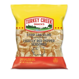 Turkey Creek - America’s Best Fried Pork Skins, offers a 12 Bags of Red Pepper Pork Strip Cracklins. These Pork Skin Chips (Chicharrones) are packed in full 4.0 oz bags.
