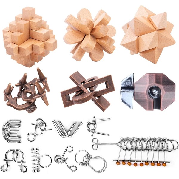 Wooden Brain Teaser Puzzles - Metal Unlock Interlock Game, IQ