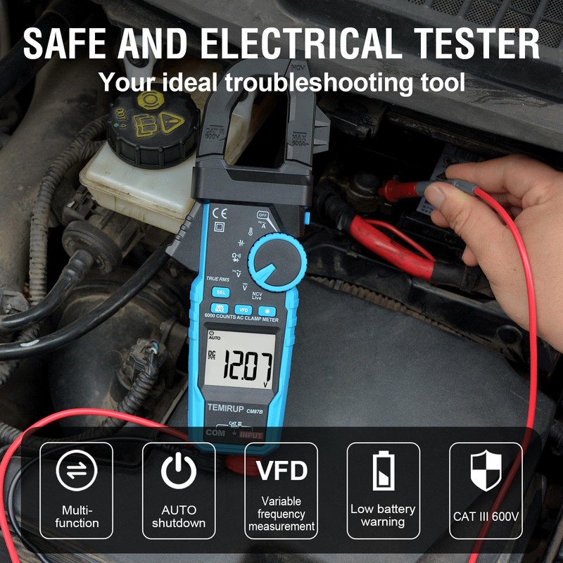 Digital Clamp Meter Multimeter - TEMIRUP Auto-ranging 6000 Counts Amp
