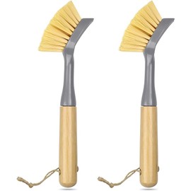 SOVYOULIVE 2 Pack Kitchen Dish Brushes with Bamboo Handle and Built-in Scraper, Scrub Brush for Cleaning Pans, Pots, Sink and Counter