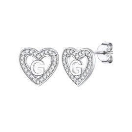 Women's Heart Earrings, Sparkling Cubic Zirconia Letter Alphabet G Stud Earring, Hypoallergenic Silver Earrings for Females