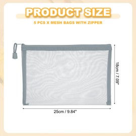 PATIKIL A5 Mesh Zipper Pouch Bags, 5 PCS Mesh Bags with Zipper Plastic Storage Pocket for Organizing File Beads Office Home Supplies, 18x25cm, Gray
