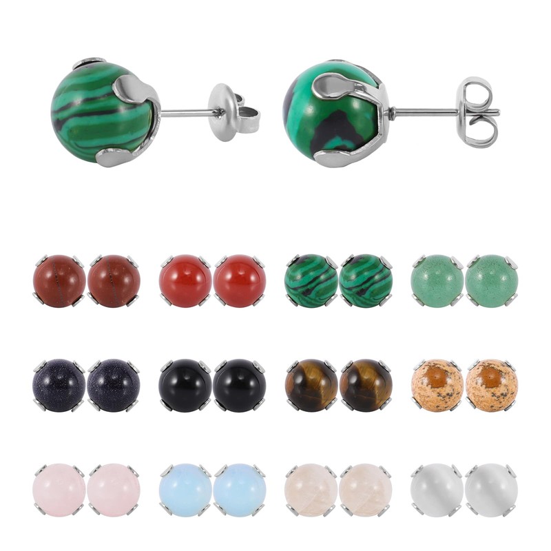 JUSTJANDM 12 Pairs Multi Natural Gemstone Round Bead Ball Stud