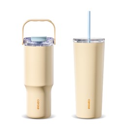 CAROTE 30 oz Insulated Water Bottle with Handle & 32 oz Insulated Tumblers with Straw, Leak Proof Dual Drink Ports Lid, Double-Wall Stainless Steel Vacuum Insulated for Travel, School (Yellow)