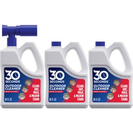 30 Seconds Outdoor Cleaner | Cleans Moss & Algae Stains from House, Vinyl Siding, Deck, Patio, Fence - 3 Capped Bottles, 1 Hose End Spray Attachment (64 Fl Oz (Pack of 3)
