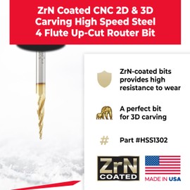 Amana Tool CNC 2D and 3D Carving Ball Nose Tapered Angle Router Bit (HSS), ZrN Coated, HSS1302, 5.4 Deg 1/16 D x 1/32 R x 1 x 1/4 Shk x 3 Inch L x 4 F