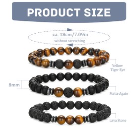 LOCCY Men's Pearl Bracelet, Set of 3, 8 mm Bead Bracelets Set, Stretch Tiger's Eye Bracelet, Lava Stone Beads Bracelet for Men, Women, for Birthday, Father's Day, Christmas Gifts, Stone