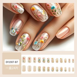 24Pcs Press on Nails Short Square Coffin,French Tip Fake Nails Short with Nude Dazzle Flower Designs Full Cover Glossy Glue on Nails Thick Acrylic False Nails Cute Stick on Nails for Women Girls DY1907-B7