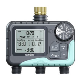 RAINPOINT Irrigation Computer 3 Outputs, Brass Inlet, Large LCD Display Watering Timer, Automatic Watering Timer with Rain Delayed/Manual/Automatic Mode for Garden