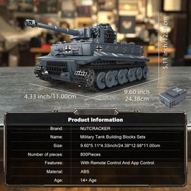 NUTCRACKER Military Tiger Tank Building Set - Heavy Military Tank with Remote APP Control Toy Building Set, Home Collectible Display Model, Easter Birthday Gift for Adult Boys Girls (800 Pieces)