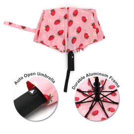 Nollia Windproof Automatic Travel Umbrella, Compact Portable with Reinforced Ribs for Sun & Rain-Automatic Strawberry